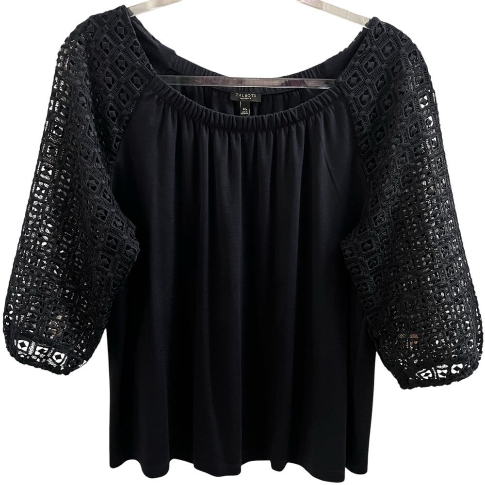 TALBOTS TOP, Sz 1XP, Navy Round Neck Peasant Style Pullover Top w/ Lace Sleeves.